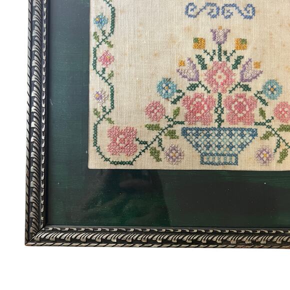 Vintage Today is the First Day Flower Basket Cross Stitch Sampler Completed - Picture 8 of 11